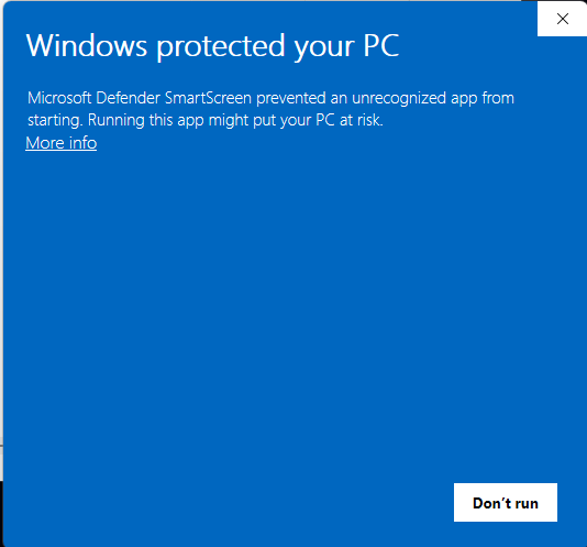 Windows SmartScreen message with 'More info' highlighted