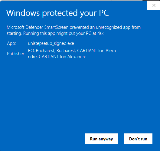 Windows SmartScreen message with 'More info' highlighted