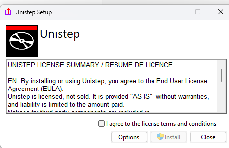 Standard Windows installer steps for Unistep