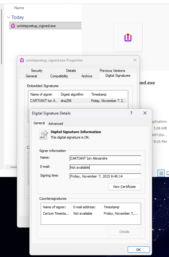 Digital signature details on the Unistep MSI file